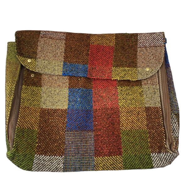 Vintage Tweed Blocked Portfolio Bag Case Side Zips Snap Closure 20"l x 15.5"h - Picture 1 of 7